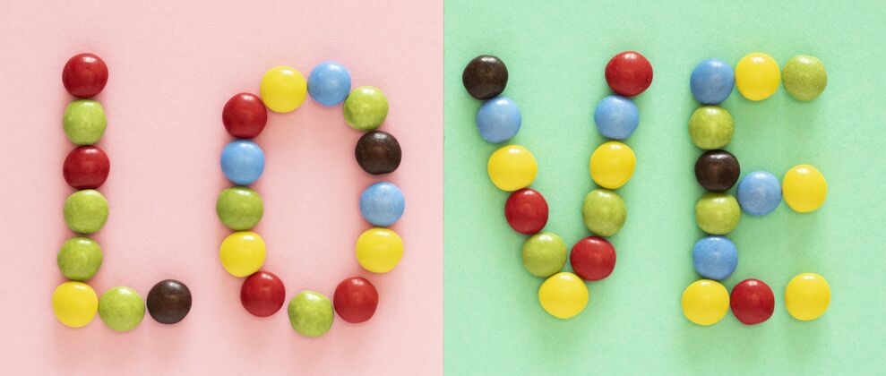 食物上图五颜六色的糖果摆设水平俯视排列