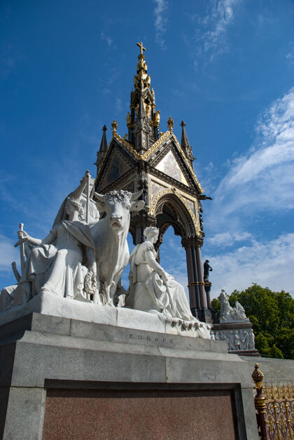 地点肯辛顿花园的阿尔伯特纪念馆 代表欧洲的大理石雕像公园设计纪念