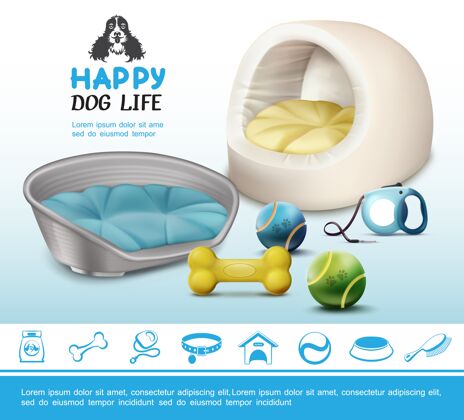 球现实的狗项目的概念与骨球皮带软床和宠物蓝色图标领子包枕头