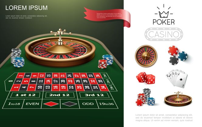 桌子现实赌场丰富多彩的概念与轮盘赌游戏桌扑克扑克牌芯片和插图赌场轮盘赌插图