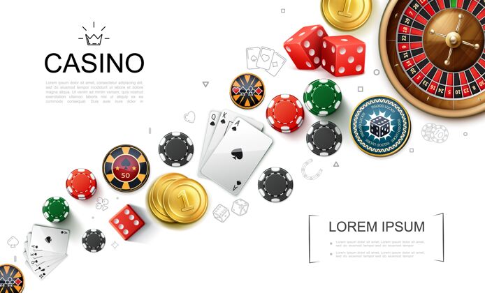 插图现实的赌场元素概念与轮盘赌游戏扑克牌和扑克筹码插图轮盘赌扑克筹码