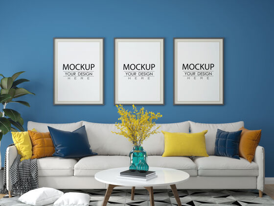 装饰客厅模型中的海报框架室内地板家具