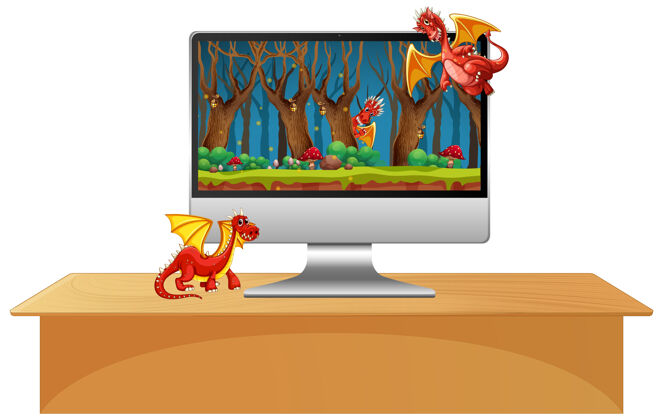 科技电脑显示器放在桌子上 屏幕上有龙卡通人物生物童话孩子