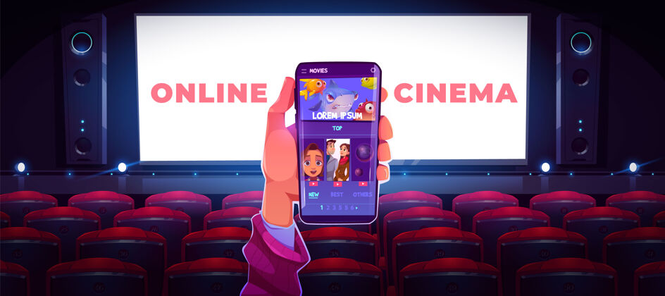 光在线电影概念与人类手持智能手机应用程序在互联网上看电影移动房间观众