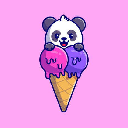 冰淇淋可爱的熊猫与冰淇淋锥卡通图标插图动物食品图标概念溢价平面卡通风格自然孩子欢呼