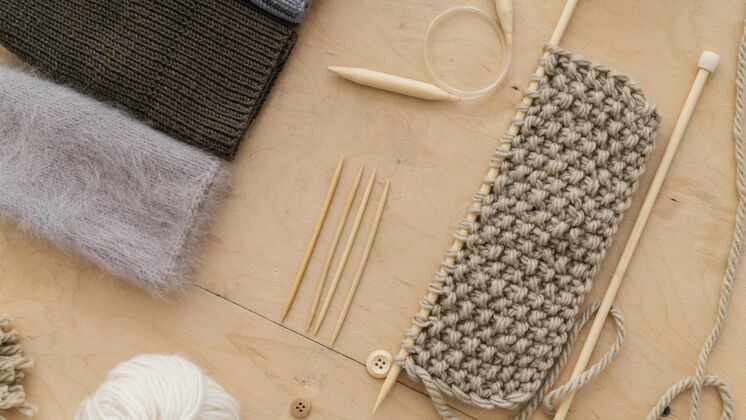 工艺搭配针织工具平铺编织针顶视图创意
