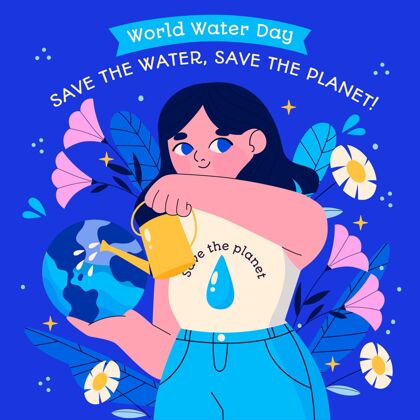 水日手绘世界水日插图与妇女浇灌地球世界3月22日插图
