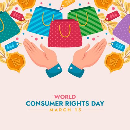 意识世界消费者权益日插画与手和购物袋全球国际插画