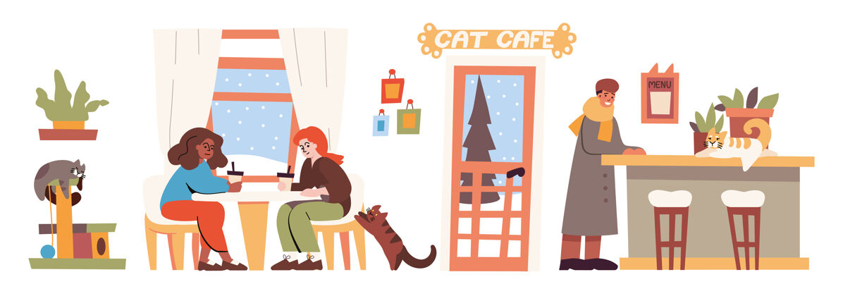 餐饮猫咖啡馆内部与人和宠物矢量平面插图咖啡馆与小猫在柜台上和猫爬塔 妇女坐在桌上 男子 植物和冬季背景后的窗户房子饮料餐馆