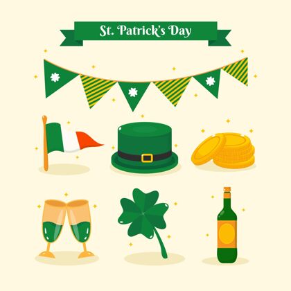爱尔兰平面设计圣帕特里克节元素集准备打印庆祝节日