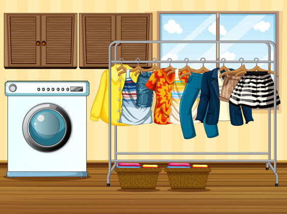 剪贴画衣服挂在晾衣绳上 房间里有洗衣机的场景对象牛仔裤短裤