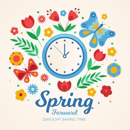 春天手绘春季时间变化插图与时钟和鲜花平面设计季节花