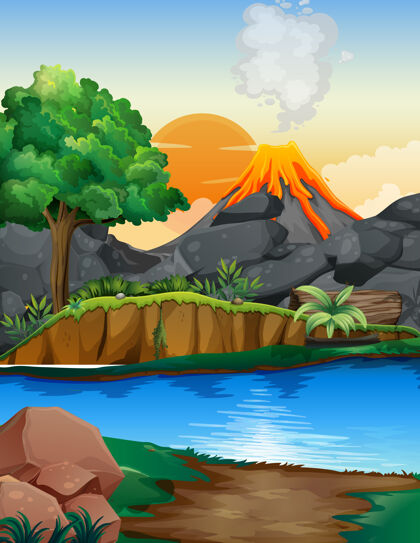 卡通火山喷发户外场景背景环境风景自然