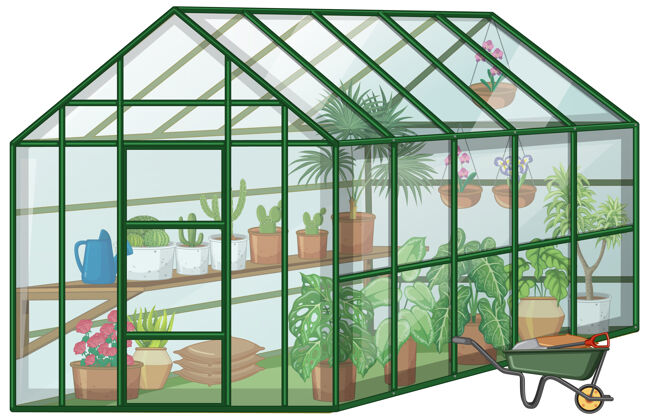 花园温室里的许多植物都有玻璃墙和白色背景的手推车植物户外独轮车