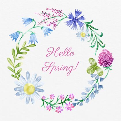 春天水彩春天花卉框架与你好春天的文字花框季节蔬菜