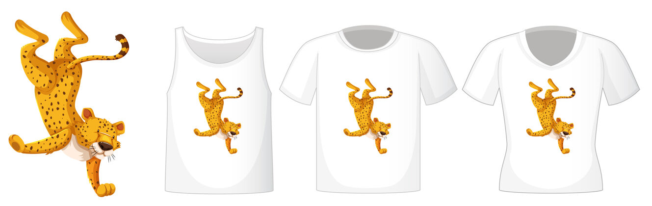 widlife豹子在跳舞的立场卡通人物与白色背景上的衬衫多种类型Tigerlivefelline