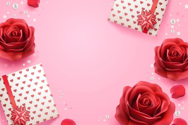 情人节红玫瑰和礼物的真实背景庆祝爱情丝带