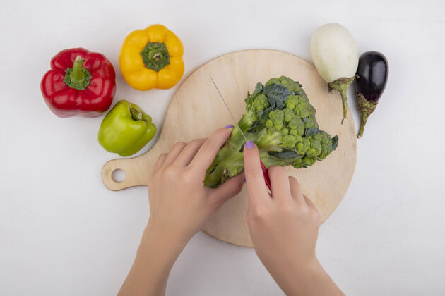 白俯视图：女人在切菜板上切西兰花 白色背景上有彩色的甜椒和茄子顶部切蔬菜