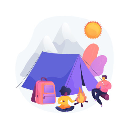 旅游夏季露营放松夏季休闲 徒步旅行 山地旅游背包客在帐篷附近休息 在营火附近吃零食露天度假露营旅游人物