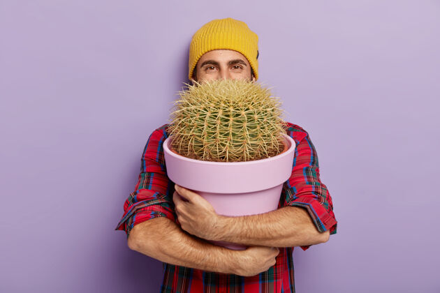 植物学快乐的年轻男性花卉种植者拥抱着仙人掌的大锅 戴着时髦的帽子和格子衬衫 很高兴收到家里的植物作为礼物 隔离在紫色的墙上园艺概念园艺男人男性