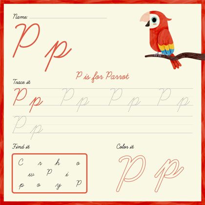 早期教育带鹦鹉的字母p创造力孩子工作表