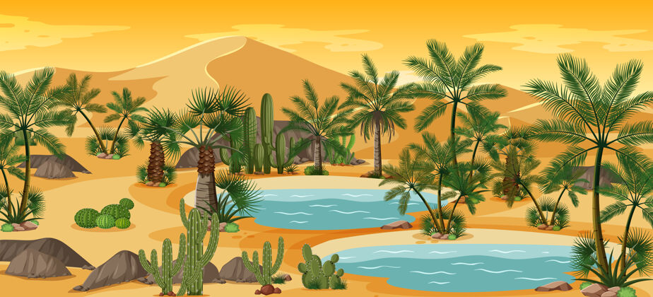 棕榈沙漠绿洲与棕榈和猫自然景观场景撒哈拉温暖山
