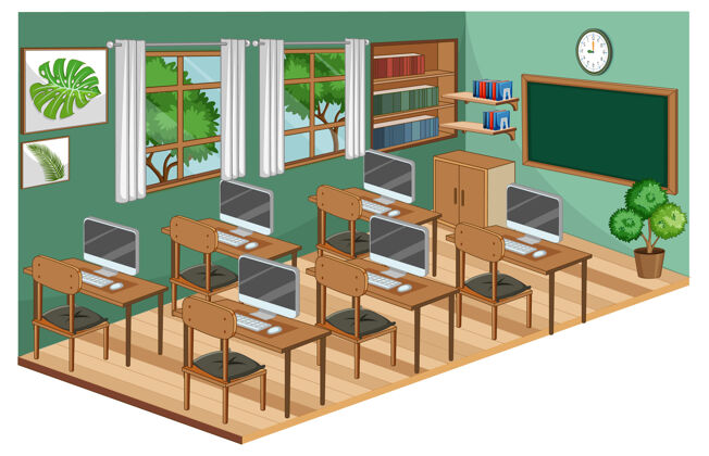 场所教室内部配有绿色主题颜色的家具彩色等角图装饰