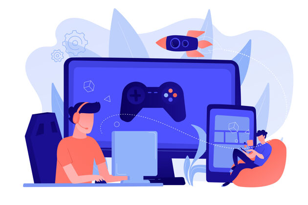 现代游戏玩家在不同的硬件平台上玩电子游戏跨平台游戏 跨平台游戏和跨平台游戏概念应用程序在线卡通