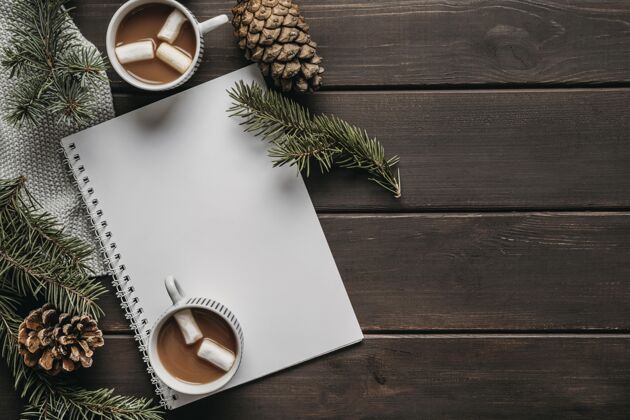 冬季顶视图热巧克力杯与空白笔记本和复制空间自制的美味的传统的