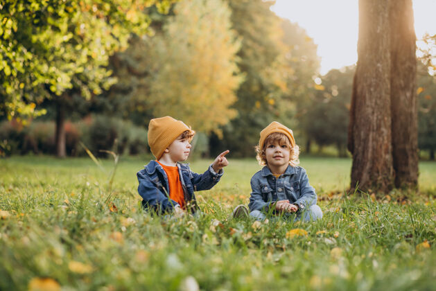 男孩两个男孩兄弟坐在树下的草地上兄弟快乐秋天