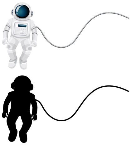 影子一组宇航员角色和白色背景上的轮廓剪影宇航员卡通