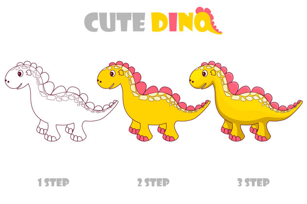 龙一步一步地给可爱的小恐龙涂上橙色步骤幼稚幻想