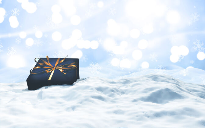 礼物圣诞雪景中的奢华礼物3d渲染雪花节日雪人