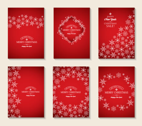 不同圣诞卡和新年卡上有祝福语和淡雅的红色雪花题词节日雪花