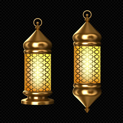 灯笼阿拉伯灯 黄金灯与阿拉伯装饰 戒指 燃烧蜡烛配件伊斯兰斋月假日现实的3d矢量复古发光灯隔离文化开斋节阿拉伯