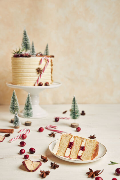 蛋糕带装饰的圣诞蛋糕和盘子上的一块蛋糕甘蔗糖糖果冬天
