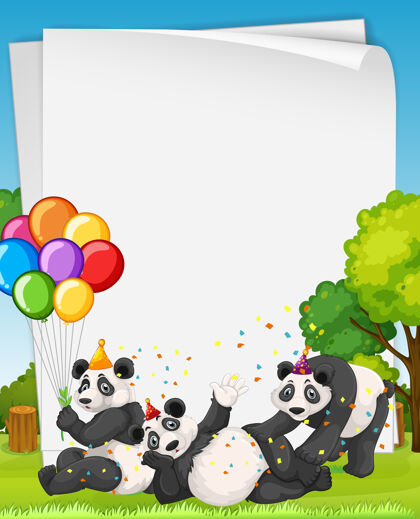 野生动物派对主题中有许多熊猫的空白横幅收藏页面笔记