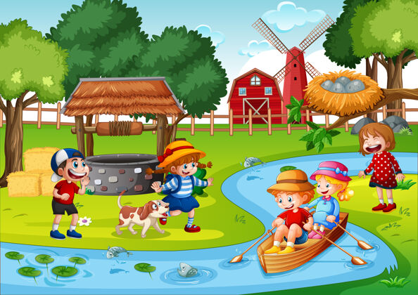 孩子孩子们在小溪农场划船的场景孩子树男孩