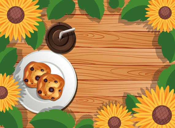 视图木桌顶视图 有甜点 冰咖啡 树叶和向日葵元素饮料背景甜点