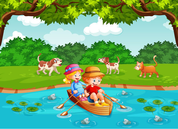 湖孩子们在小溪公园划船的场景卡通孩子家庭