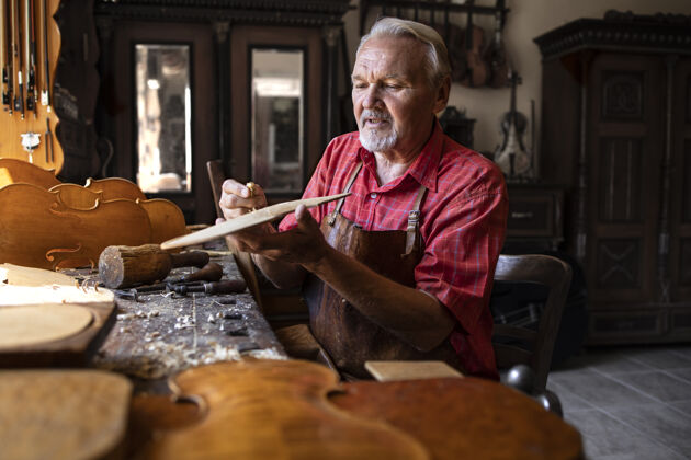 小提琴勤劳的高级木匠在木工车间从事他的创意项目木工木材仪器