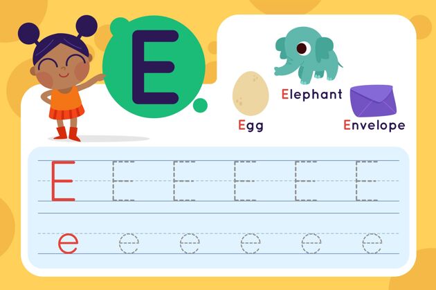 单词带鸡蛋和信封的e字工作表字母表平面设计学习