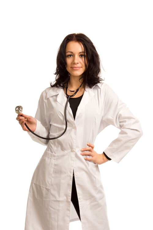 护士性感微笑的年轻女医生 手上拿着听诊器摆出白色的姿势人听诊器女人