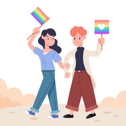 女人可爱的女同性恋夫妇与lgbt旗帜插图关系人家庭