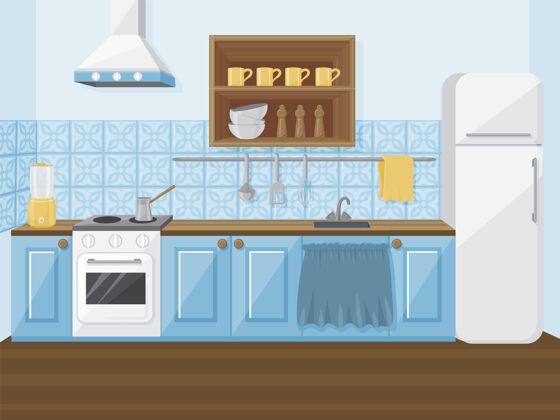 房间复古风格的蓝色厨房内部卡通插画房子家具卡通