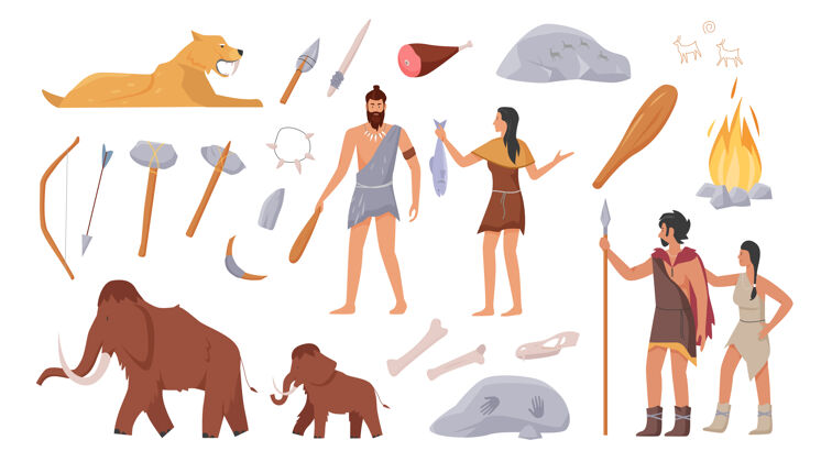 人物原始部落的石器时代原始家族的人矛卡通设置