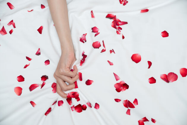 浪漫妇女用手拉或抓白色床单手在玫瑰花瓣白色床单上象征着女人的高潮卧室亲密就寝时间