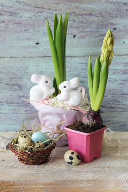复活节复活节彩蛋 木桌上放着玩具兔子的罐子里的风信子 春天概念风信子木头