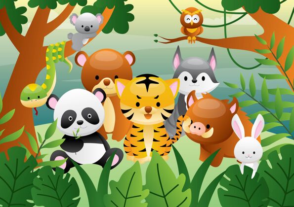 森林丛林里一组卡通可爱的动物野猪团体鸟