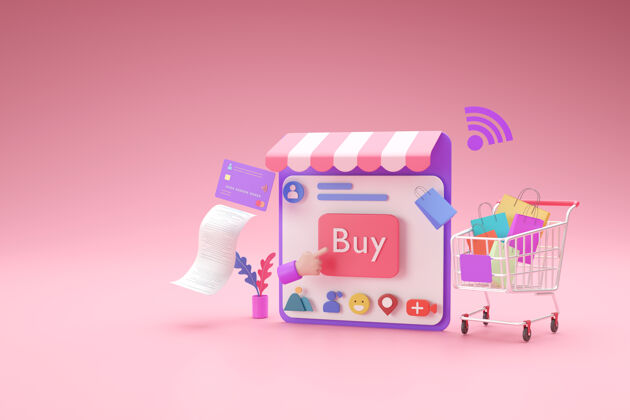 应用程序网上商店购物与社会媒体应用的概念 三维渲染在线购物车支付